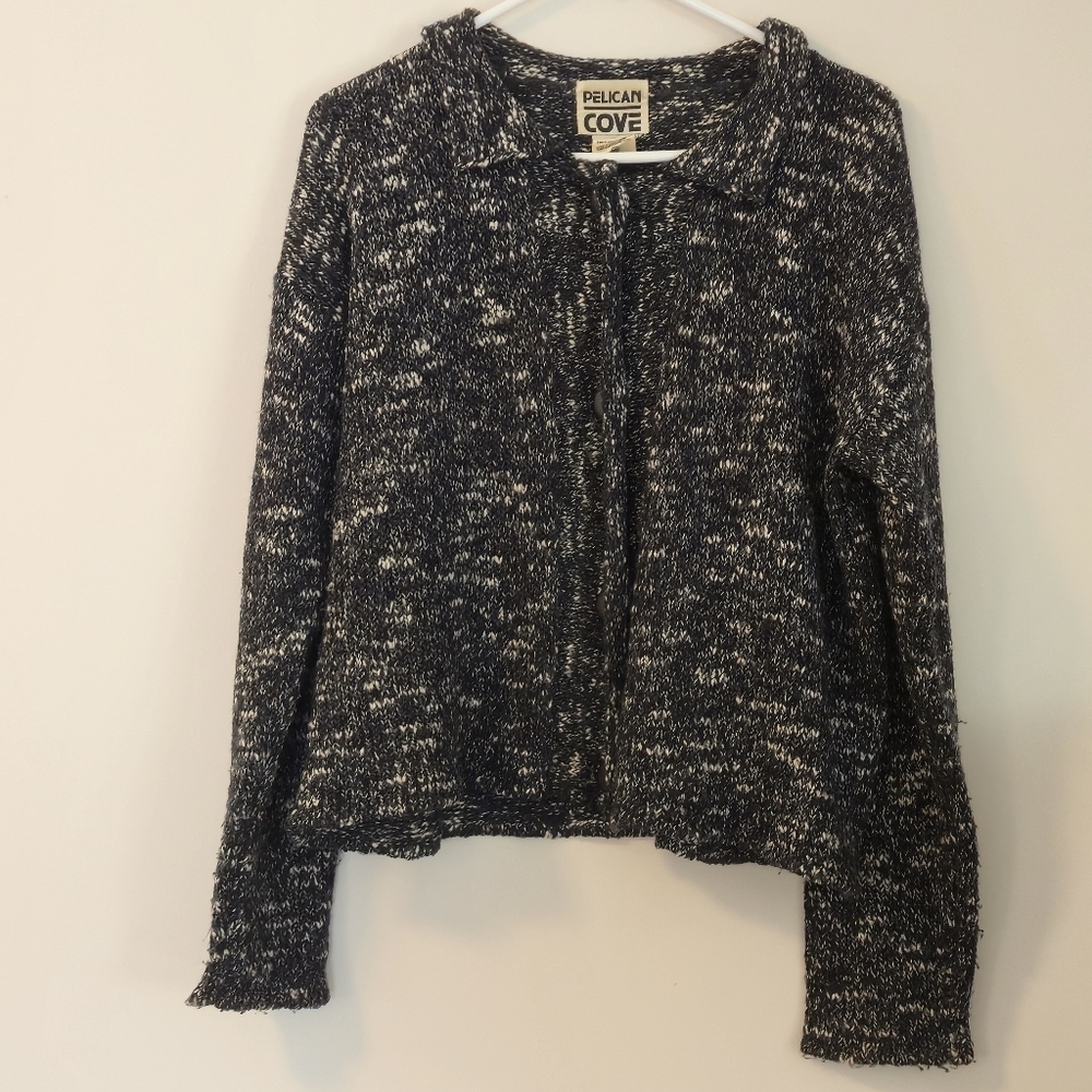 Pelican Cove Vintage 90s Marled Knit Cardigan Sweater Blue White M/L